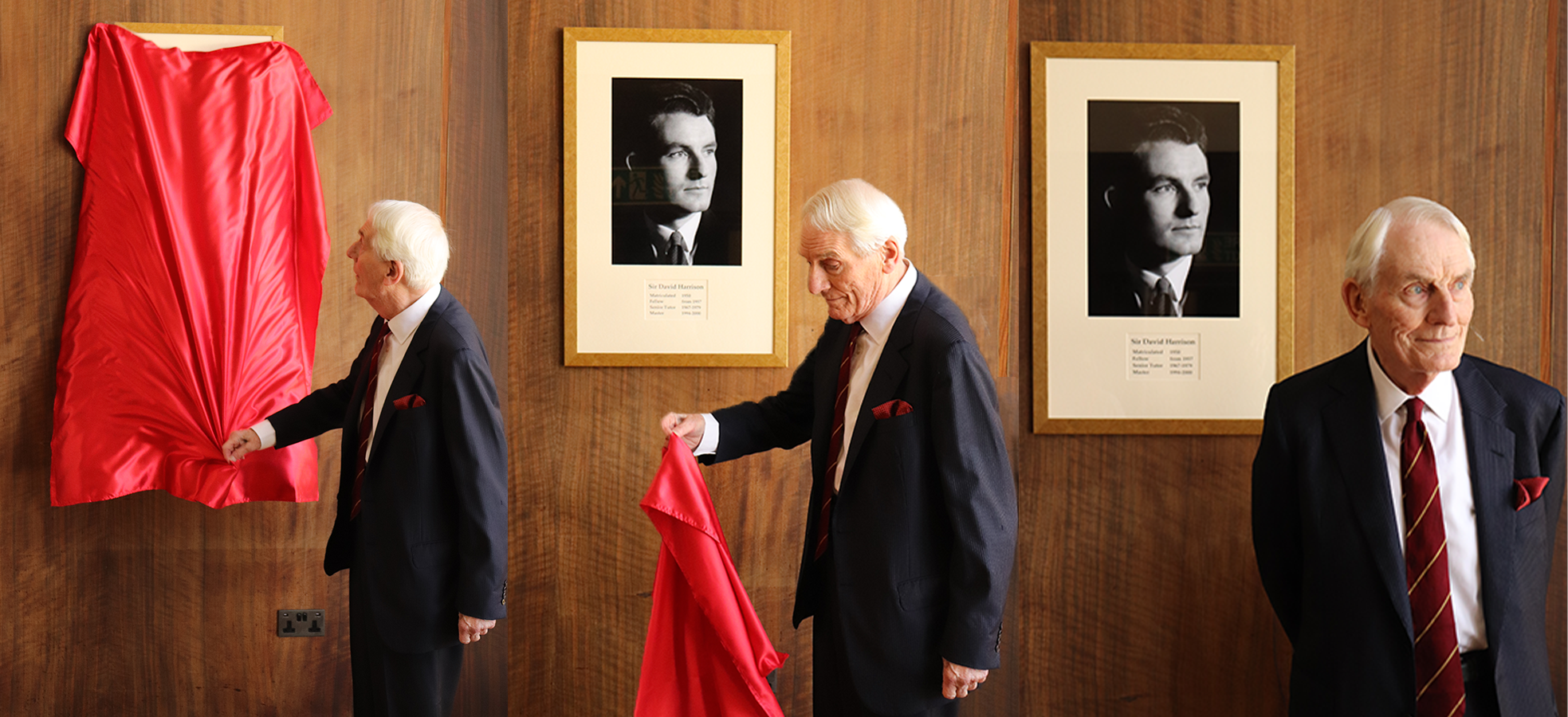 A sequence of images demonstrating Sir David unveiling his portrait in the Harrison Room.