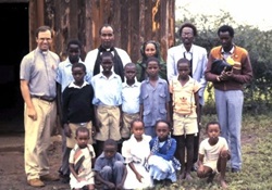 Dr Graham Kings (left) and Joseph Galgalo (far right) as a primary school teacher at Bubisa in April 1990.