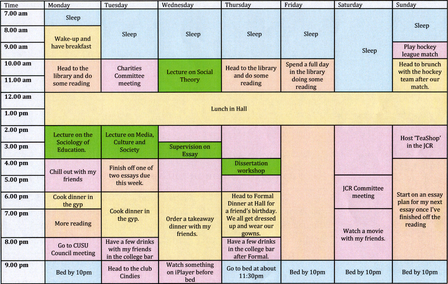 Arts/humanities student timetable