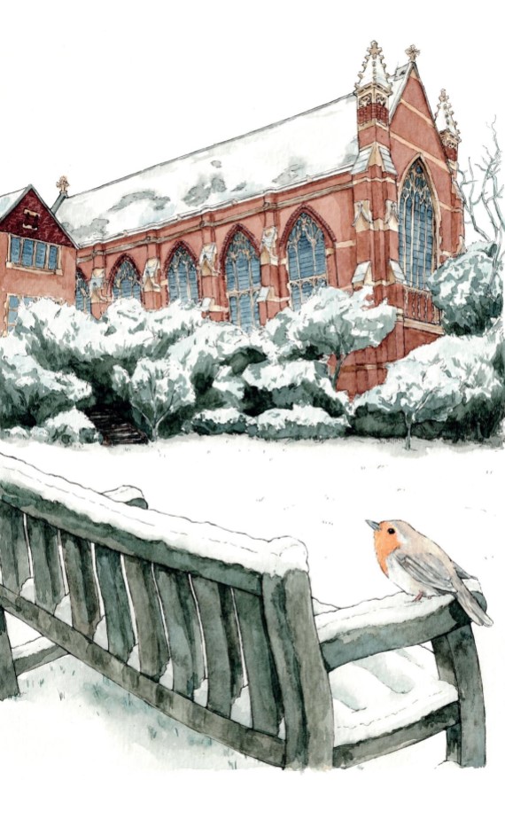 Selwyn Christmas Card Robin on a bench by Luna Kefford